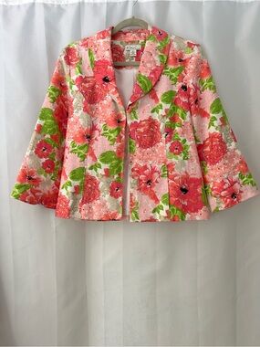 Kim Rogers Linen Jacket M Coral Pink Floral Open Front Garden Party Lined